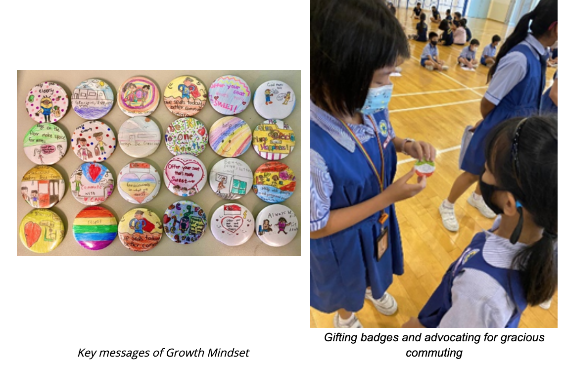 Hand-drawn badges with commuting messages displayed flat, beside schoolgirls in blue uniforms exchanging a badge in a gym.