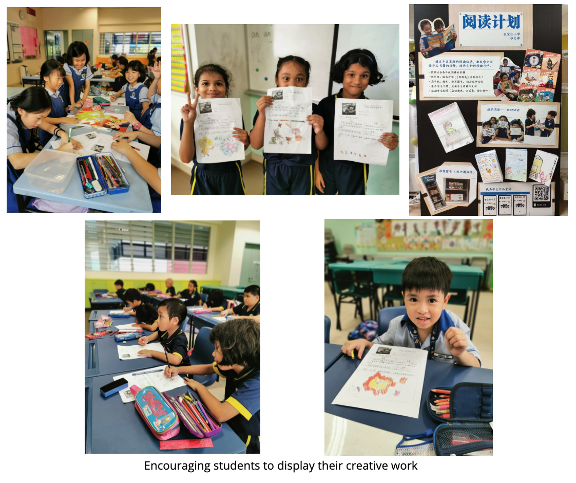 Five photos of young school children in uniforms doing classroom activities and proudly displaying their creative worksheets.