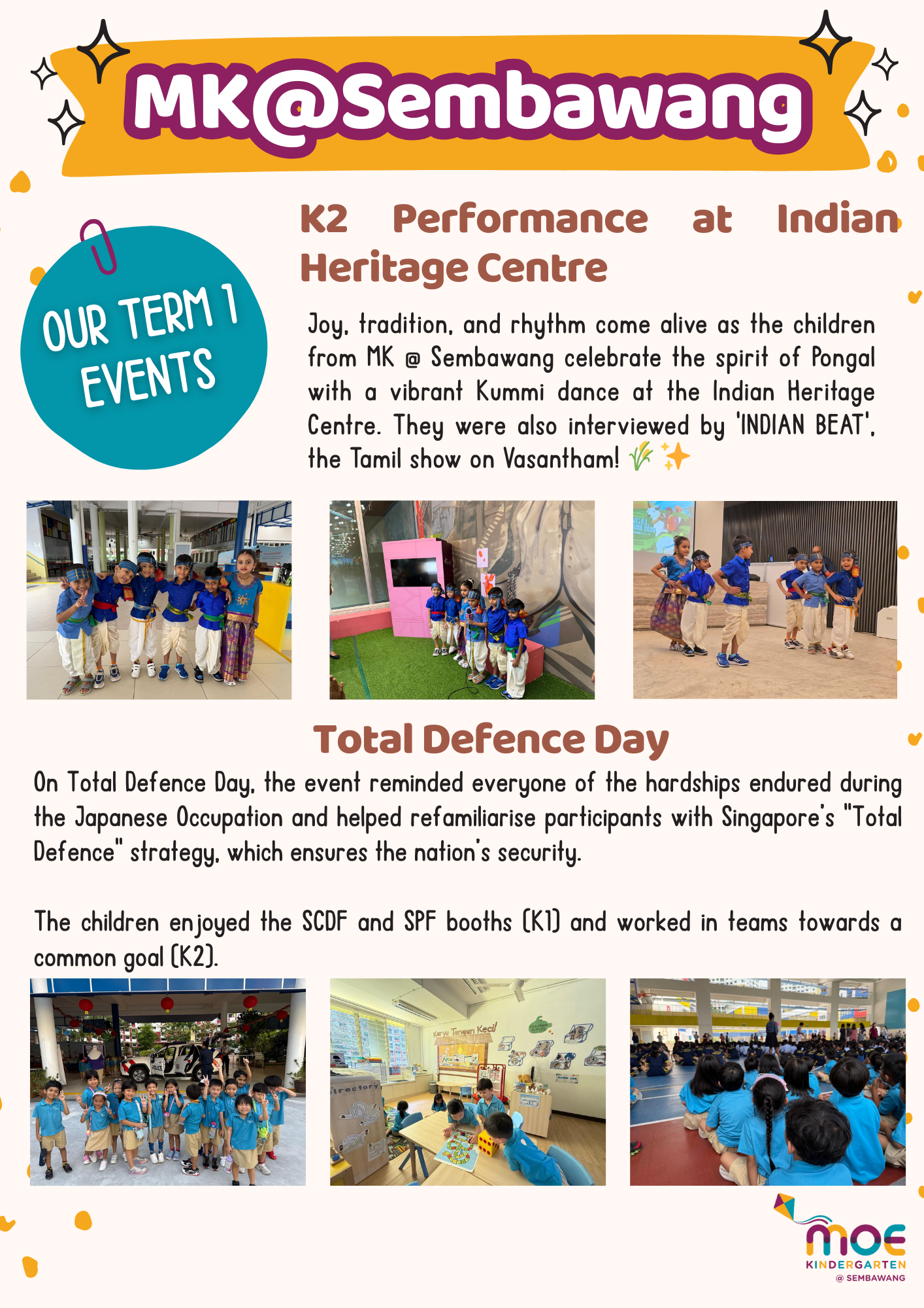 MK@Sembawang Term 1 events flyer showing children in cultural costumes and Total Defence Day activities.