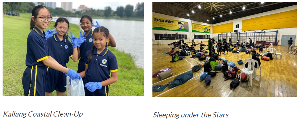 Kallang Coastal Clean-Up: Four girls in navy Sembawang Primary uniforms wearing blue gloves pose along a grassy waterfront, one holding a clear rubbish bag, with a park and city skyline in the background. Sleeping under the Stars: Wide view of a school hall with students' sleeping bags and mats laid out in clusters across the wooden floor, with a "RESILIENCE" banner on the wall above.