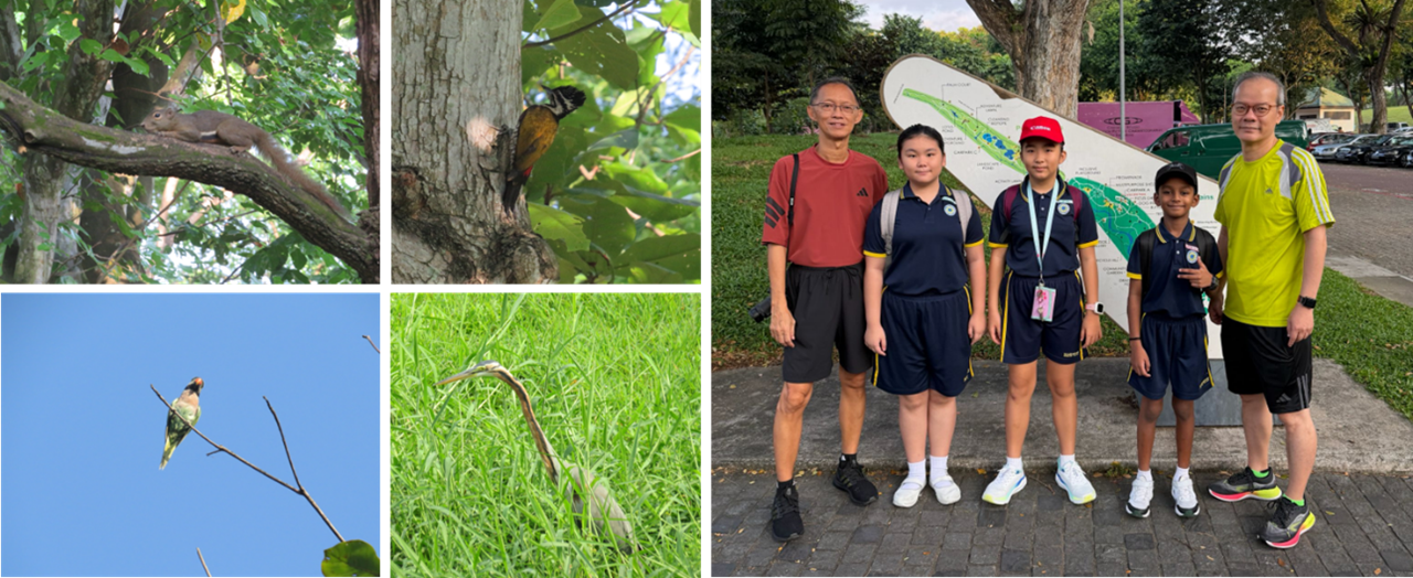 A collage of four photos: a squirrel resting on a tree branch, a bird perched on a tree trunk, a bird perched on a bare branch against a blue sky, and a snake in green grass; alongside a group photo of two students and two adults standing in front of a park map signboard.
