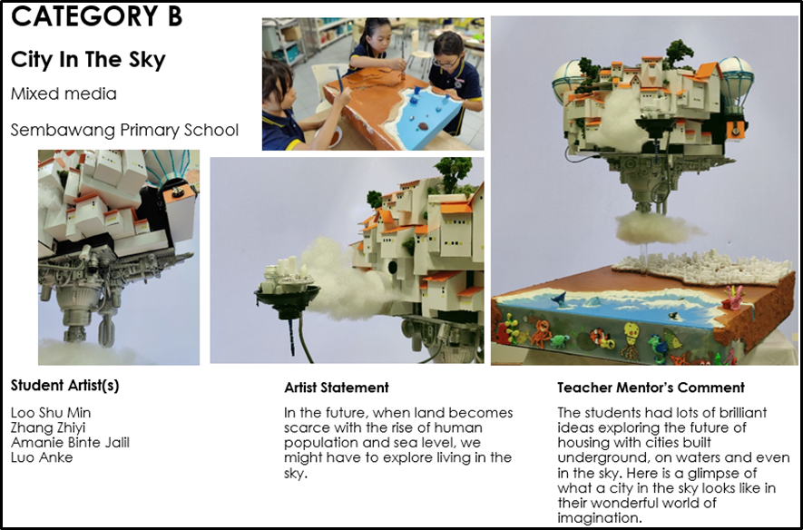 A poster from Sembawang Primary School showing a mixed-media sculpture of a futuristic floating city with white buildings, orange roofs, balloons, and greenery hovering above a painted coastal scene with smoke effects below. Includes student photos creating the piece, artist statement about future housing as land grows scarce, and a teacher's comment praising their imaginative concepts.