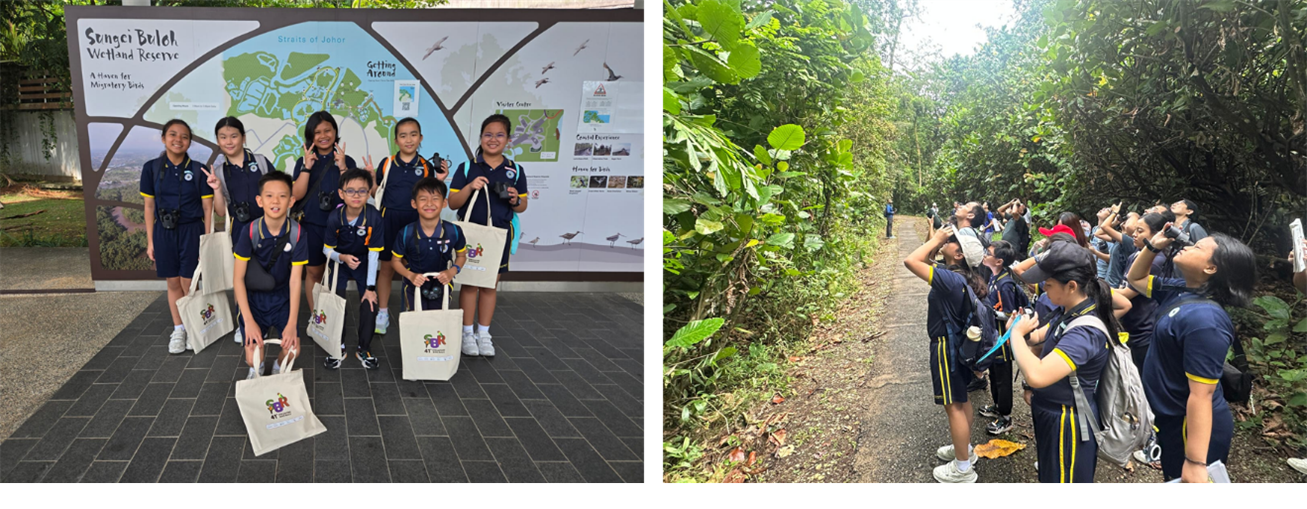 Left: A group of students posing with tote bags in front of the Sungei Buloh Wetland Reserve entrance map. Right: Students and adults standing on a forest path, looking up and using binoculars to observe wildlife.