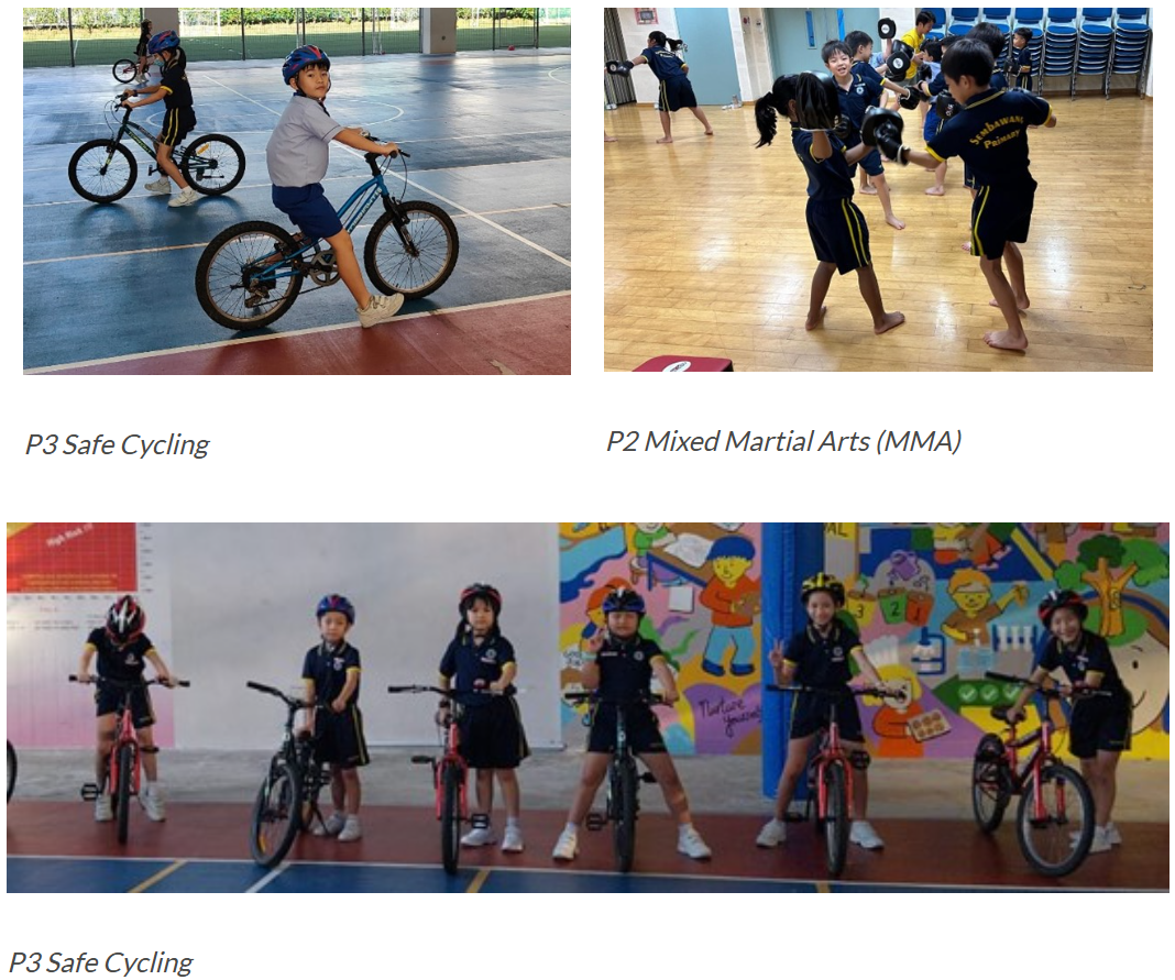 P3 Safe Cycling: A boy sits on a bicycle wearing a helmet on an outdoor court, with another cyclist behind him. P2 Mixed Martial Arts (MMA): Students practice partner drills with focus mitts/pads in the school hall. P3 Safe Cycling: Six students stand with their bicycles and helmets in front of a colourful mural, posing for the camera.