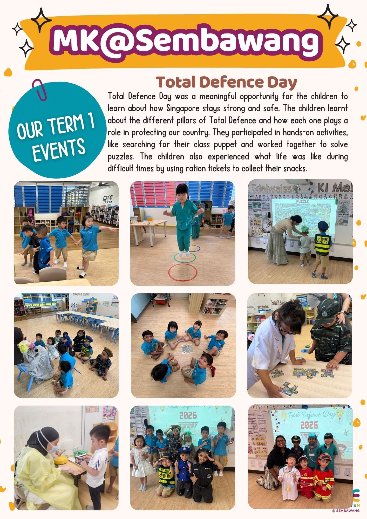 A school newsletter showing young children in Singapore doing Total Defence Day activities, wearing costumes and solving puzzles.