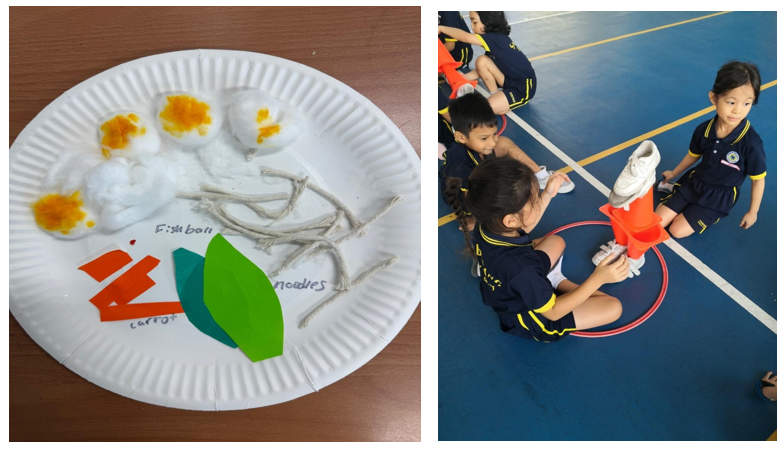 Left: A paper plate craft depicting a bowl of noodles, using cotton wool, yarn, and paper cutouts to represent noodles, fishball, and carrot. Right: Young students in a gym hall working together on a stacking activity using cones and shoes inside a hoop.