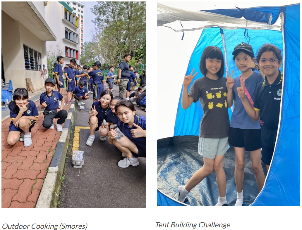 Outdoor Cooking (Smores): Students in school uniforms kneel and crouch along a paved walkway making hand gestures, with a small foil cooking setup on the ground in front of them. Tent Building Challenge: Three girls pose with peace signs inside a blue pop-up tent they've assembled.