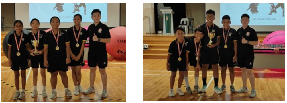 Two award photos: student groups in black sports attire posing with medals and a trophy on stage, in front of a Kin-Ball event screen.