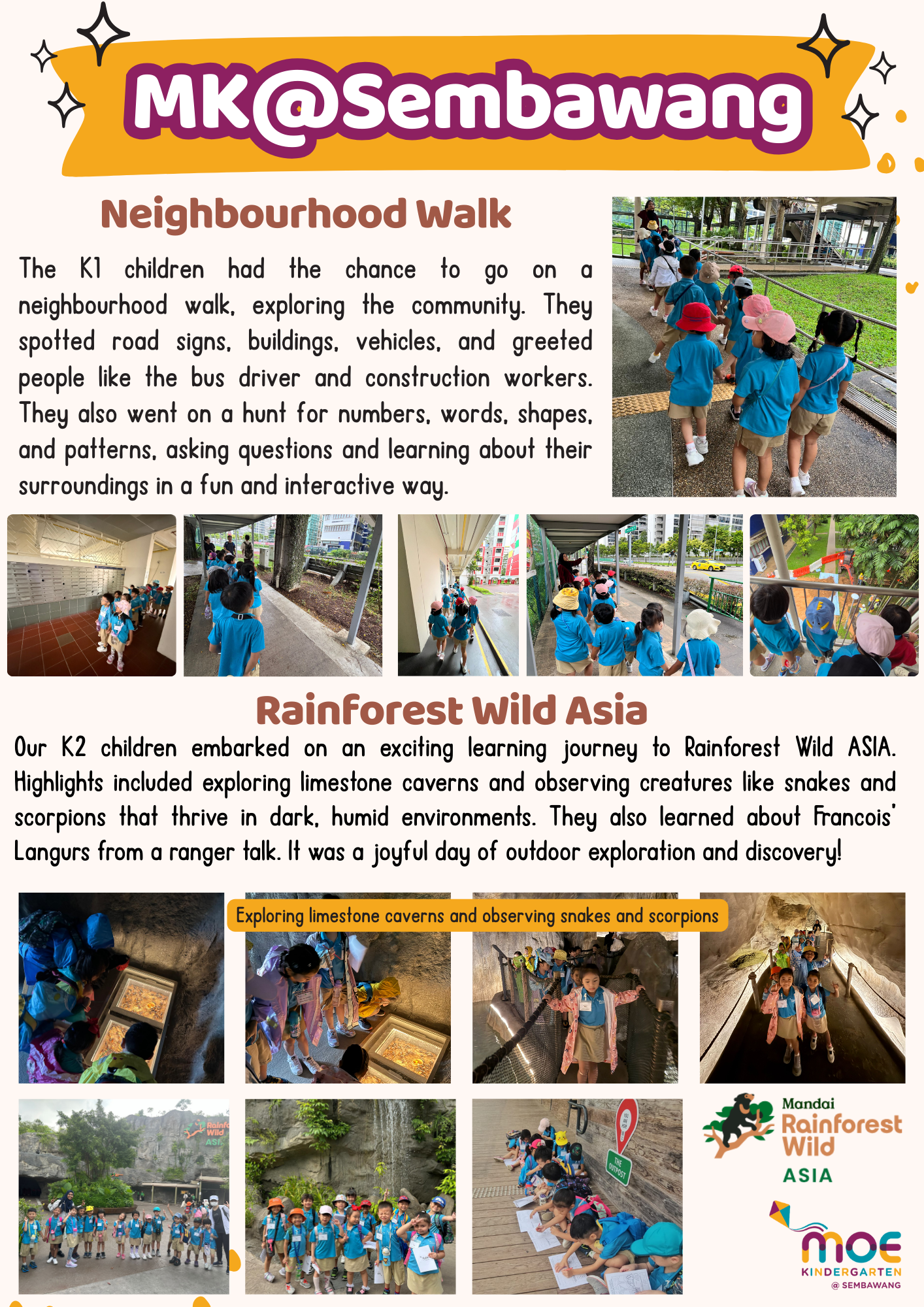A school newsletter showing young children in blue uniforms on a neighbourhood walk and visiting Rainforest Wild Asia.