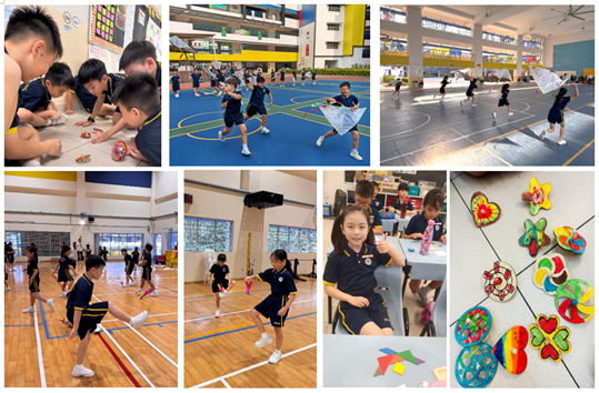 Collage of students playing traditional games — crouched in a circle playing marbles; running with paper kites across an indoor court; a girl at a table working on crafts; a display of colourful handmade traditional toy/craft pieces including flower and heart-shaped designs.