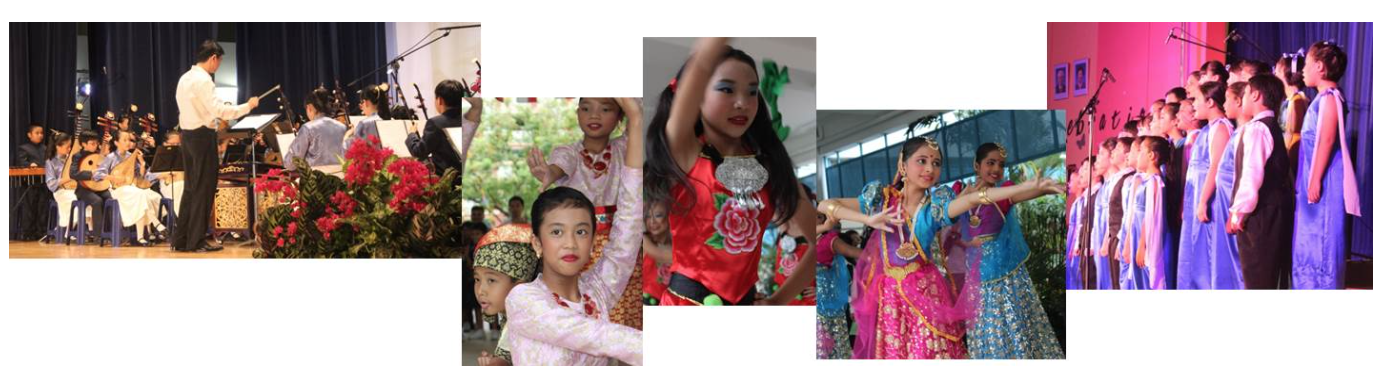 Collage of children performing in cultural shows, including an orchestra, traditional dancers, and a choir.
