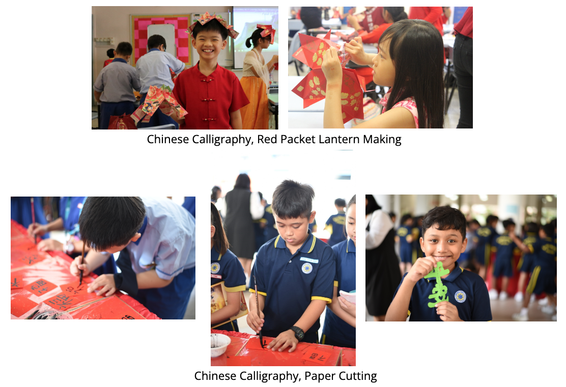 Collage captioned "Chinese Calligraphy, Red Packet Lantern Making" and "Chinese Calligraphy, Paper Cutting" — a boy in traditional red attire wearing a paper headpiece; a girl folding a red lantern craft; students practising calligraphy brush writing on red paper; a boy smiling while holding a green paper-cut character shape.