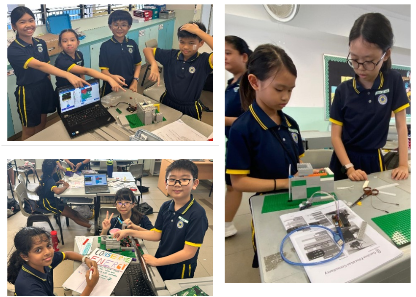 Top left: Four students posing behind a laptop and a small robotics/Lego model on a table. Top right: Two students focused on assembling an electronic circuit/robotics model with wires and a breadboard. Bottom left: Three students at a table with a laptop and a poster reading "Conserve Energy," one giving a peace sign.