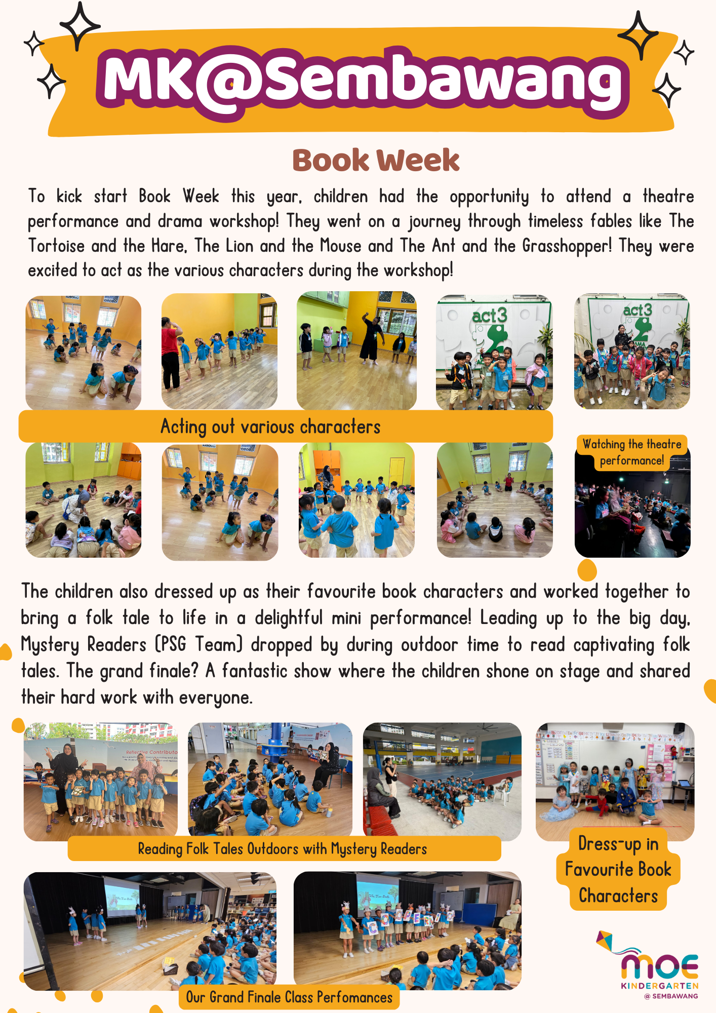 A school newsletter about Book Week at MK@Sembawang showing children in drama workshops and performances.