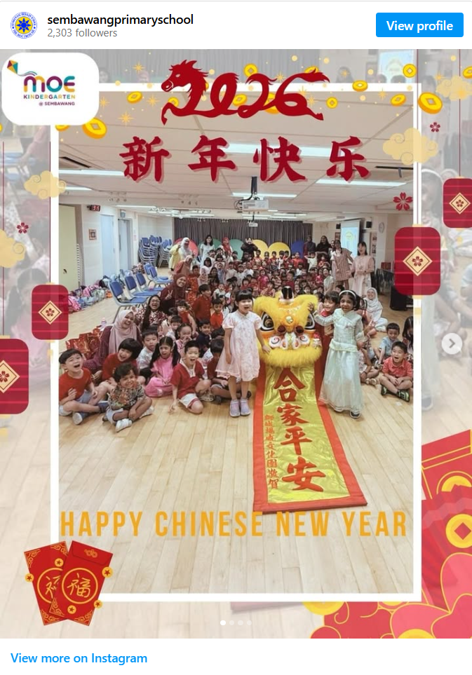 Instagram post from sembawangprimaryschool/MOE Kindergarten @ Sembawang celebrating Chinese New Year 2026, with "新年快乐" (Happy New Year) and a red dragon graphic at top. A large group photo shows many children in festive red, white, and pink outfits seated and standing together in a school hall, with a yellow lion dance costume and a red "合家平安" banner in the foreground. Decorative red packets and Chinese New Year graphics frame the image, with "HAPPY CHINESE NEW YEAR" text at the bottom.