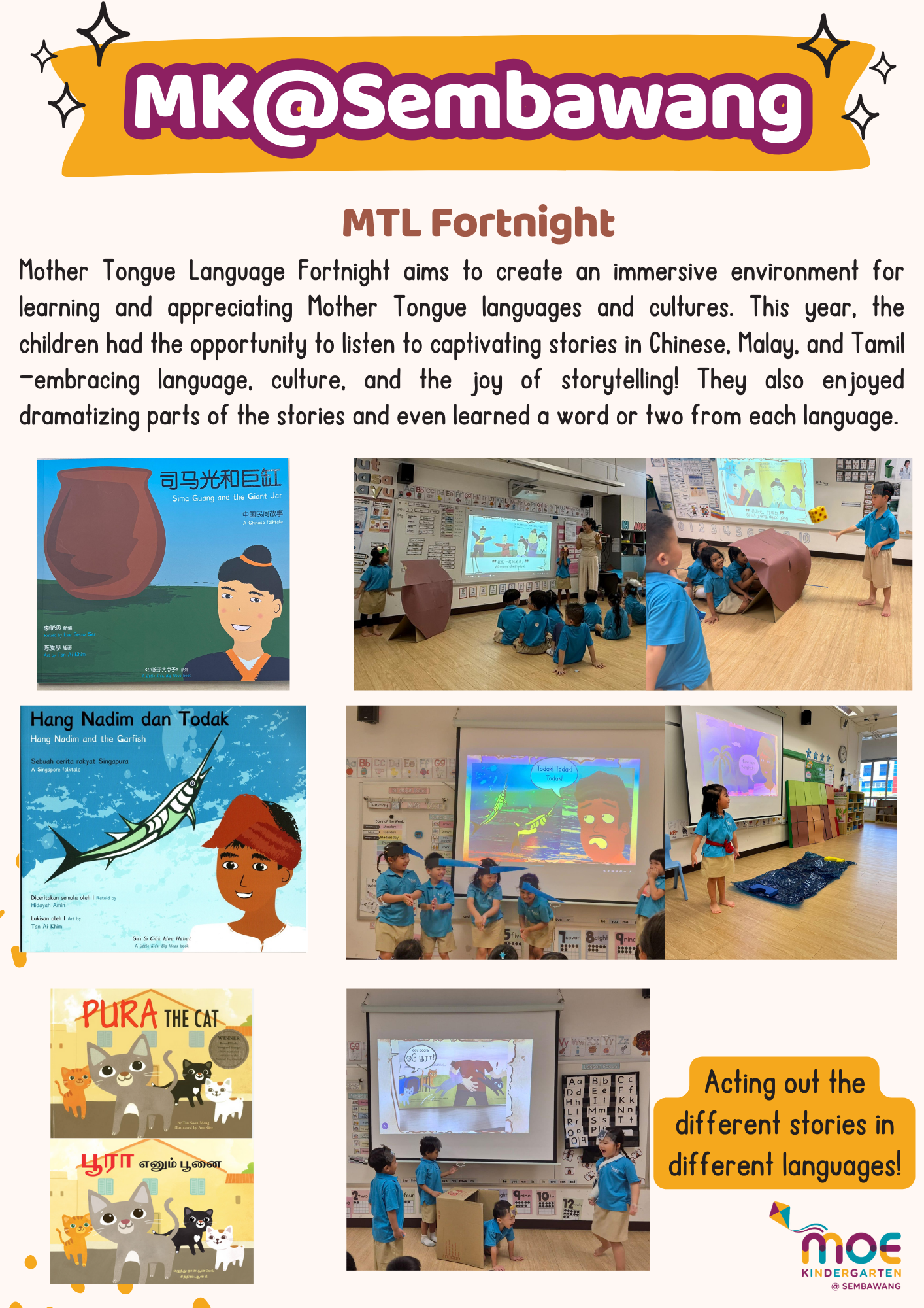 Flyer for MK@Sembawang MTL Fortnight showing children in blue uniforms acting out multilingual stories in a classroom.