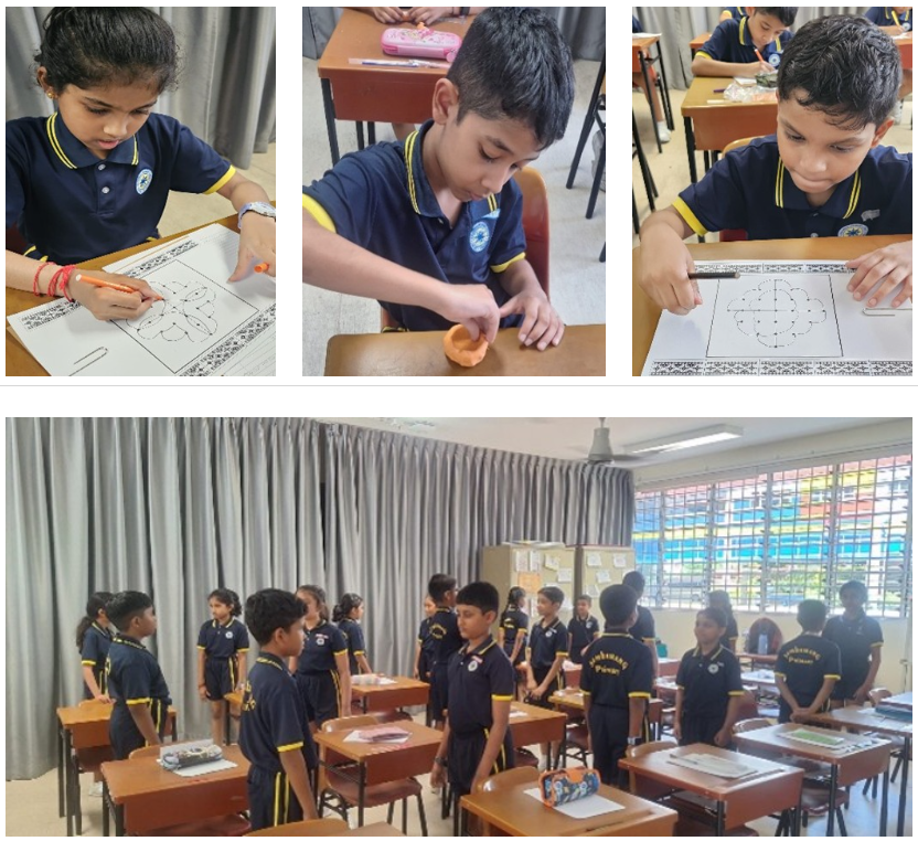 (top row) Three close-up photos of students working on a symmetrical kolam/rangoli-style pattern worksheet, one shaping an orange clay/dough piece. (bottom) A row of students stand at their desks in a classroom with curtained windows, appearing to recite or present something.
