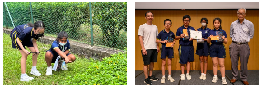 Left: Two students crouched by a grassy fenced area, appearing to examine or collect something outdoors. Right: A group of four students posing on stage with certificates and trophies, alongside two adults.