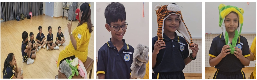 (left) A teacher in yellow sits with a group of students seated on the floor, using soft toy puppets during a storytelling activity. (middle-left) A boy smiles while wearing a grey animal puppet on his hand. (middle-right) A boy wears a tiger-themed hat/headpiece, smiling for the photo. (right) A girl wears a green frog-themed hat/headpiece, holding a matching soft toy.