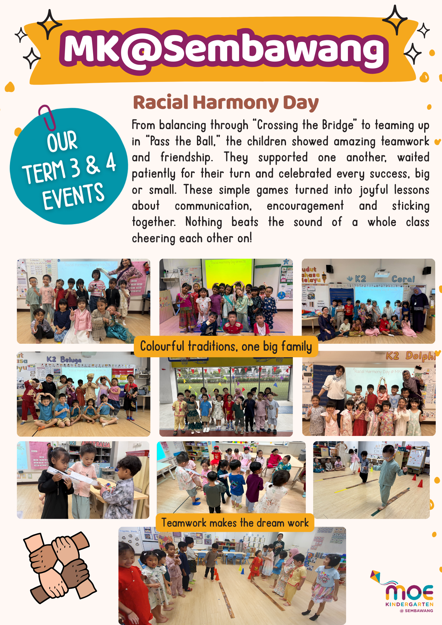 MK@Sembawang kindergarten flyer showing Racial Harmony Day with children in traditional costumes doing group activities.
