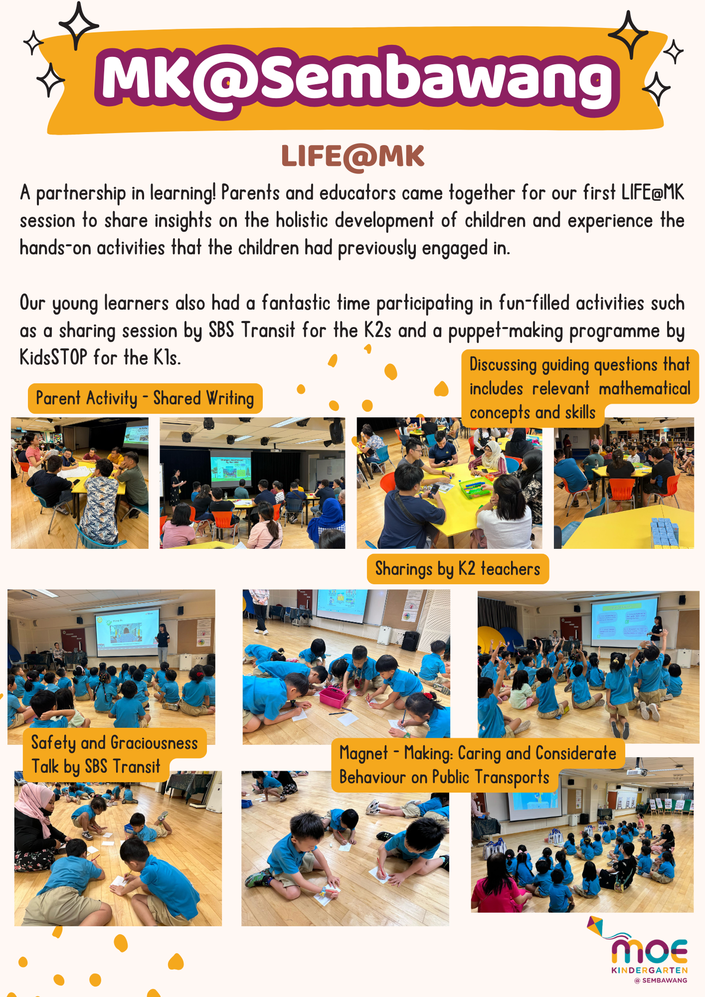 Flyer for MK@Sembawang LIFE@MK event showing photos of children and parents in learning activities.