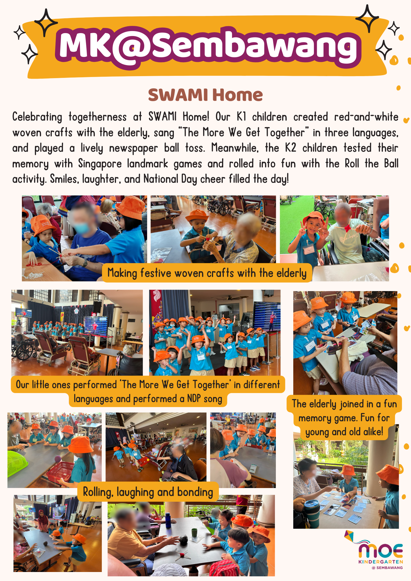 Flyer showing MK@Sembawang kindergarten children in orange hats bonding with elderly at SWAMI Home.