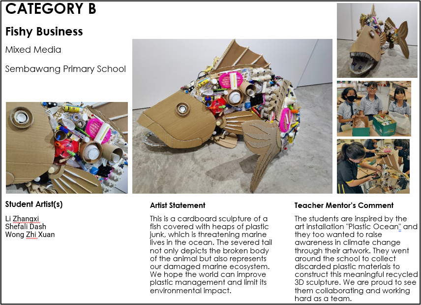 A poster from Sembawang Primary School showing a large papier-mâché bust wearing a wide-brimmed hat covered in colorful decorative discs and a flower, with a textured black-and-white patterned torso. Includes student photos collaborating on cardboard structures, an artist statement on fear as creative inspiration, and a teacher's comment about the messy but fun papier-mâché process.