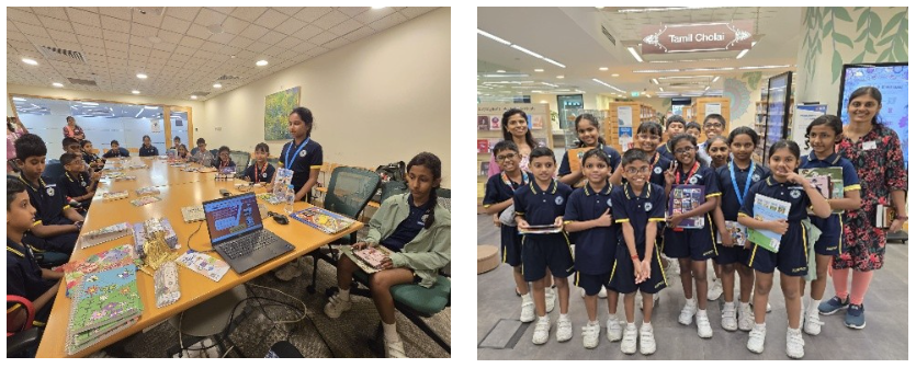 (left) A group of students seated around a table with books and a laptop, with a girl standing addressing the group. (right) A group of students pose with a librarian and staff member holding books in front of the "Tamil Cholai" library section sign.
