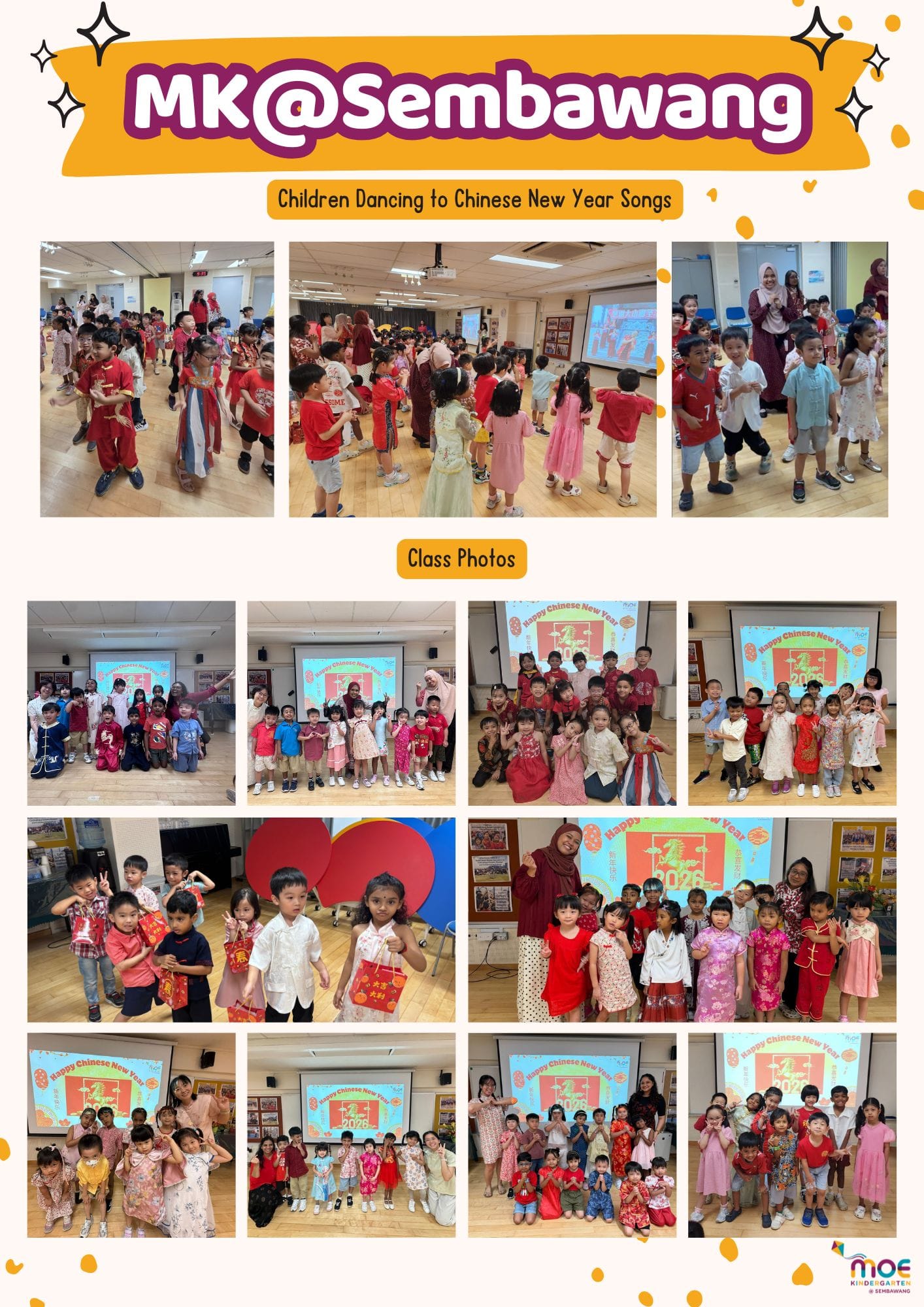 Children in festive red outfits dancing and posing for class photos at a Chinese New Year celebration at MK Sembawang.