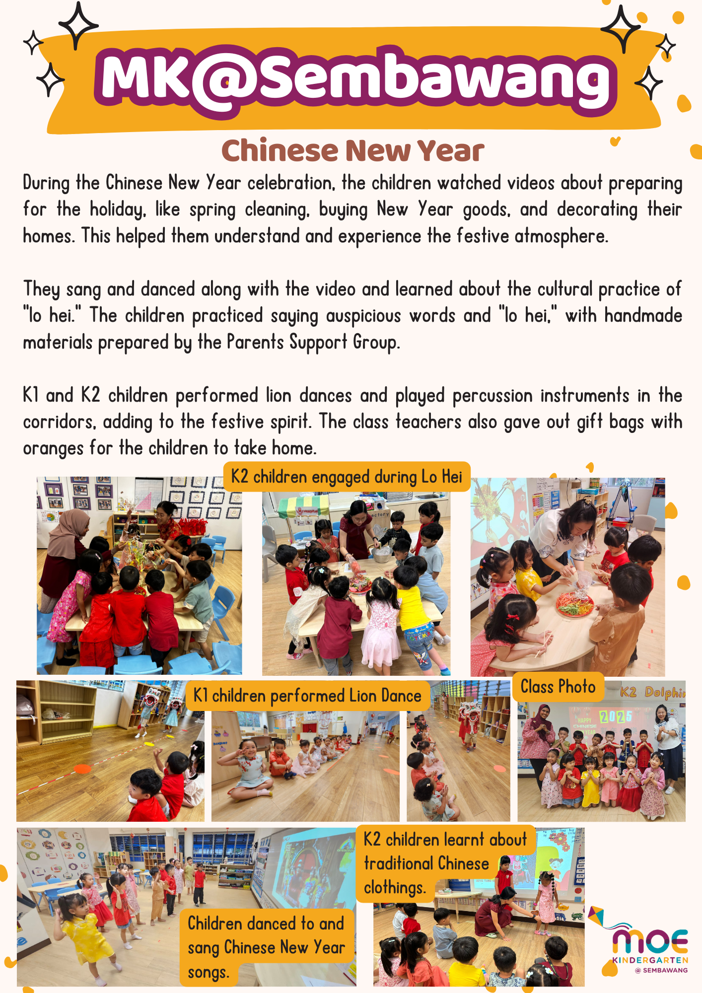 MK@Sembawang kindergarten flyer showing children celebrating Chinese New Year with Lo Hei, lion dance, and songs.