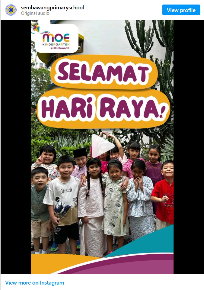 Instagram video post from sembawangprimaryschool (MOE Kindergarten @ Sembawang) reading "Selamat Hari Raya!" with a group of children dressed in traditional Hari Raya outfits posing together outdoors among greenery, smiling and making playful gestures.