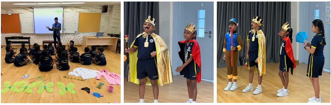 (left) A presenter stands addressing a group of students seated on the floor, with craft materials including green wing/fairy props laid out in front of them. (middle) Two students dressed in king and queen-style costumes with gold crowns and capes pose together. (right) Four students in costume — including crowns, capes, and a fan prop — act out a role-play scene together.