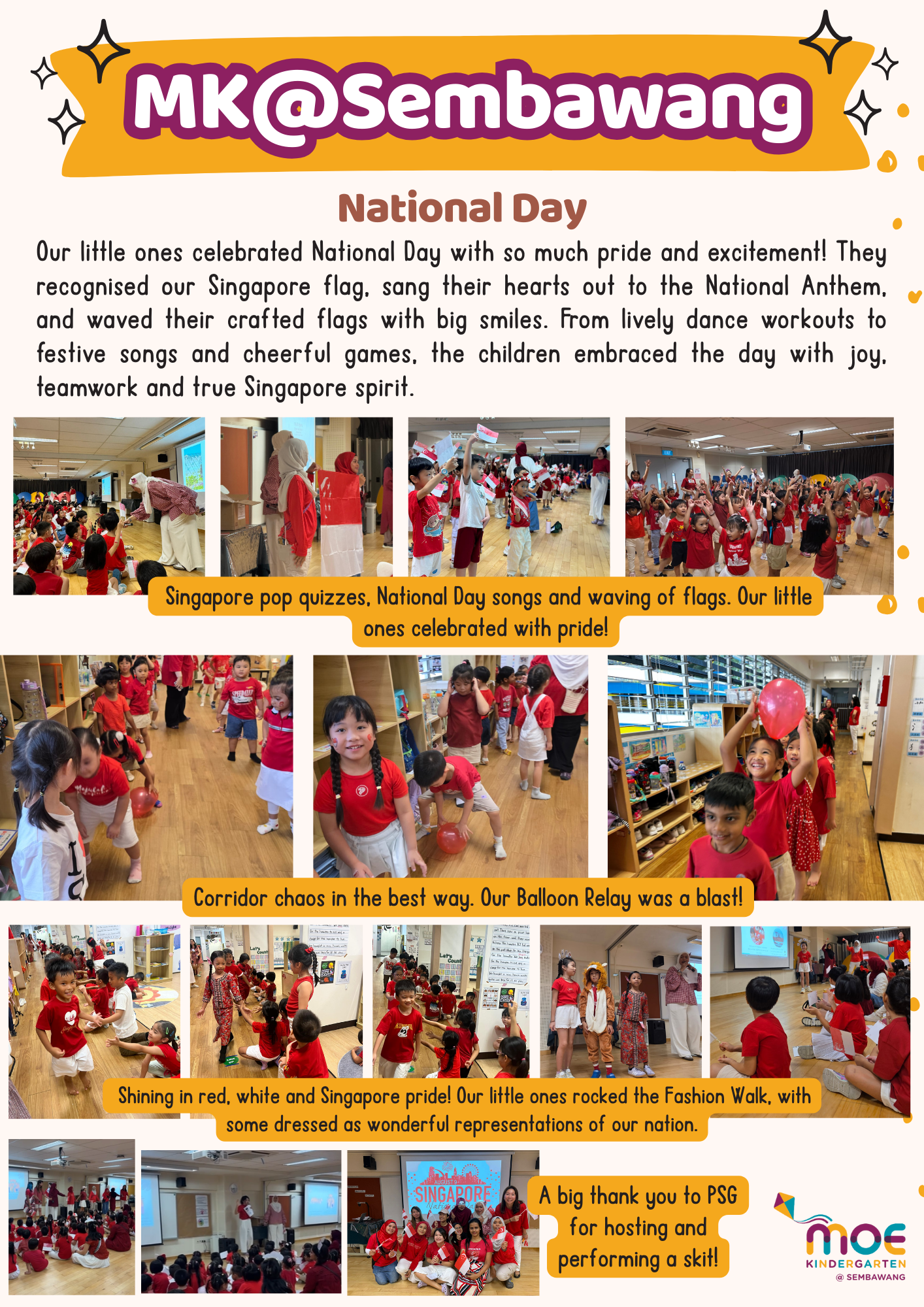 Flyer for MK@Sembawang National Day event with photos of children in red and white waving flags and playing games.