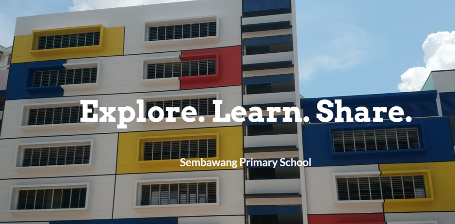 Sembawang Primary School building with colorful blue, red, and yellow panels and text "Explore. Learn. Share."