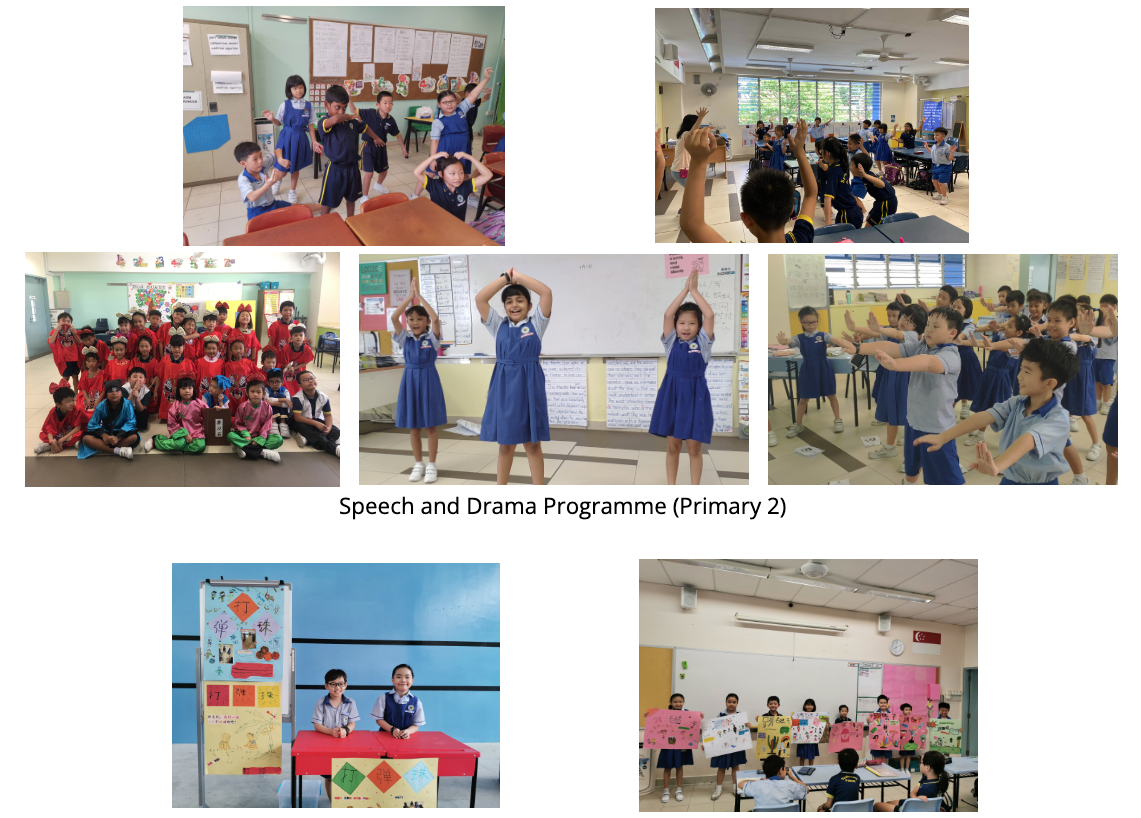 Collage captioned "Speech and Drama Programme (Primary 2)" — students in a classroom acting out expressive poses and gestures; a group of students dressed in red and pink traditional-style costumes for a performance; three girls in uniform posing with arms raised in a drama exercise; students reaching forward together in a synchronised drama pose; two students standing behind a red table with a Chinese idiom-themed display board; a group of students holding up colourful hand-drawn posters in a classroom.