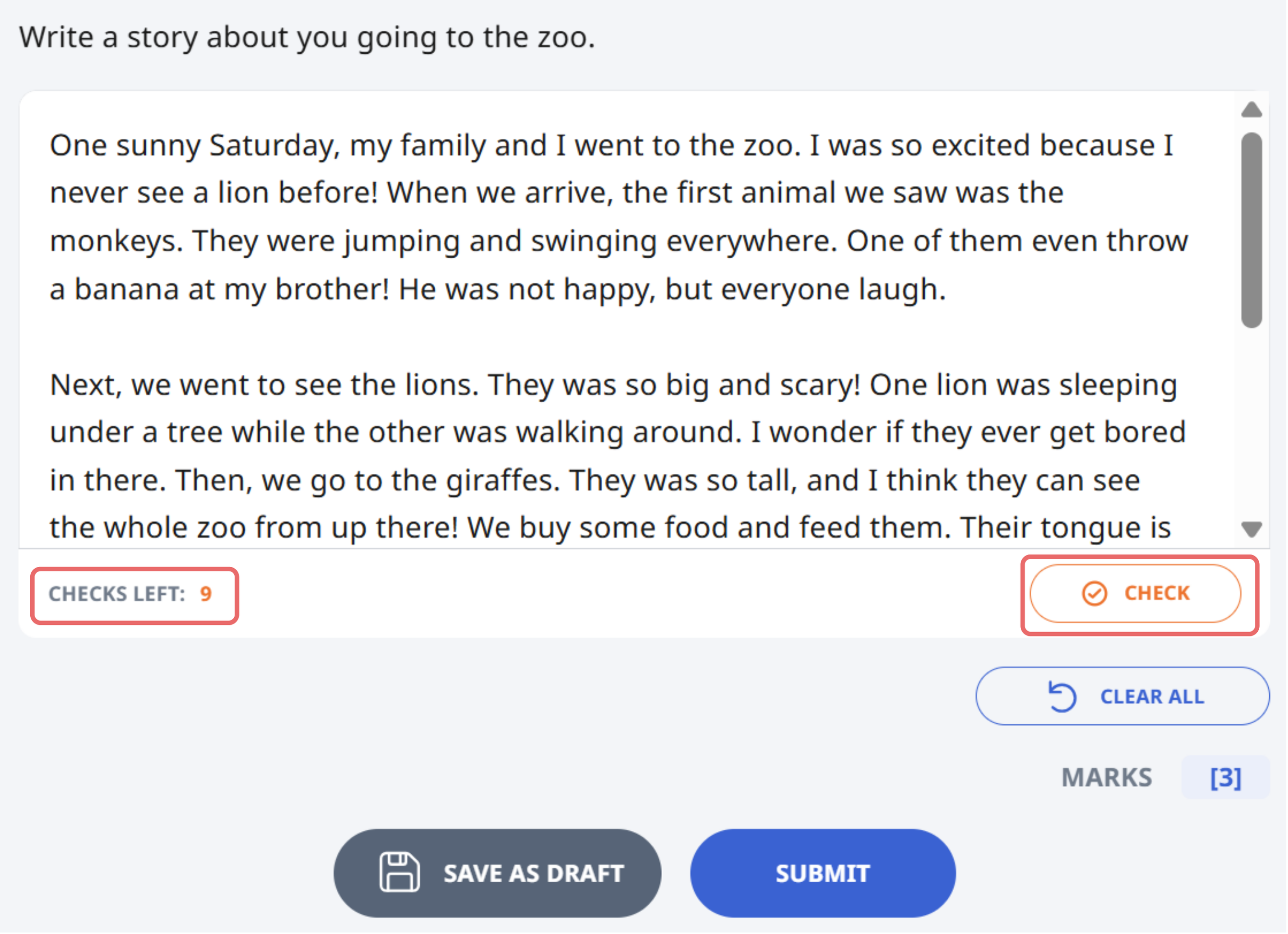 Writing exercise about a zoo visit with a text box, Check button, 9 checks left, and Submit option.