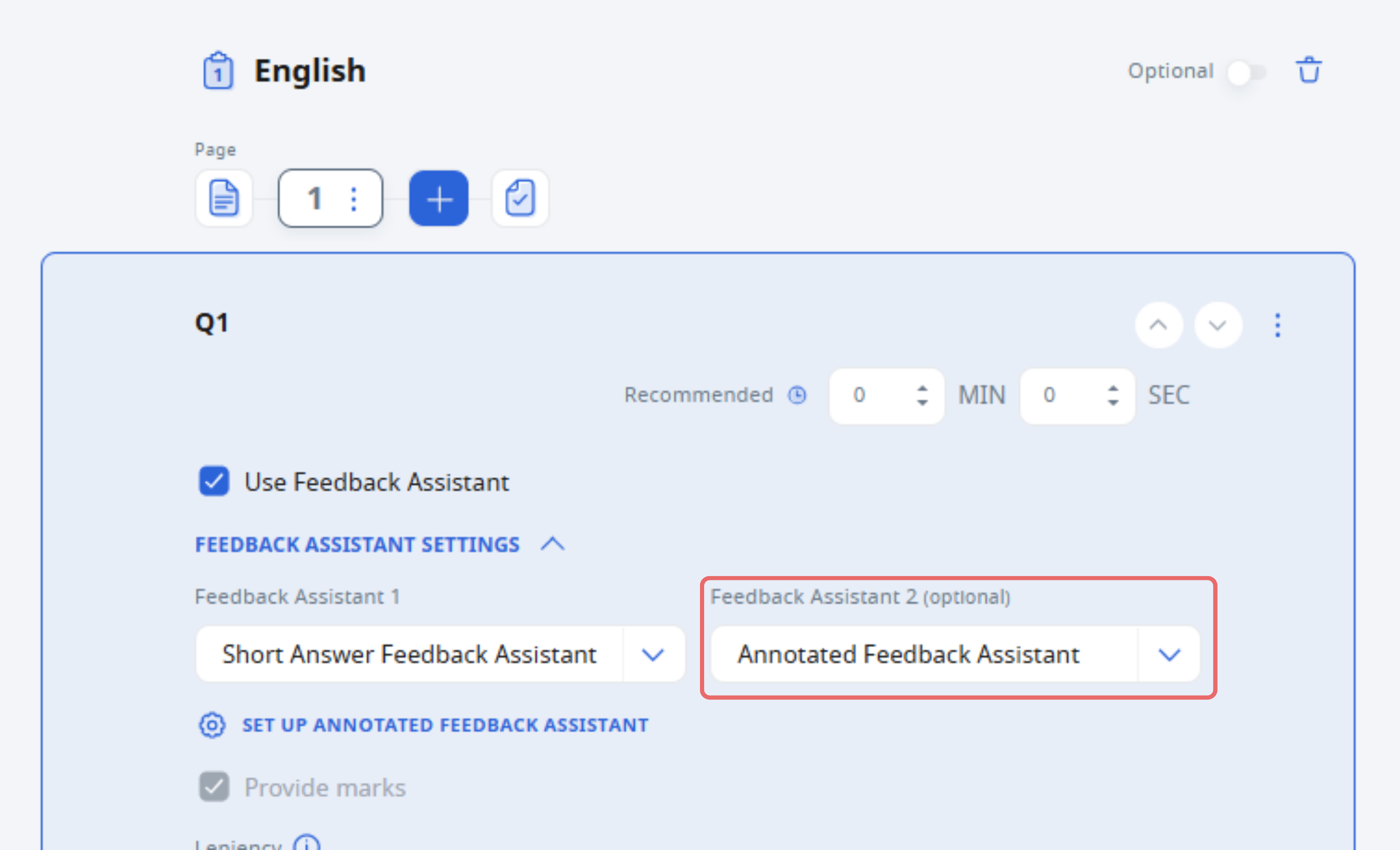 English Q1 settings panel showing Feedback Assistant dropdowns with Annotated Feedback Assistant highlighted in red.