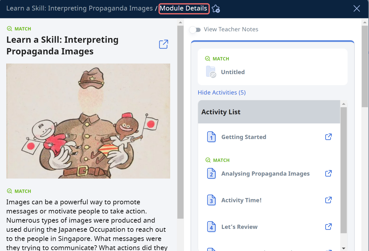 Educational module page titled "Learn a Skill: Interpreting Propaganda Images" with an activity list on the right.