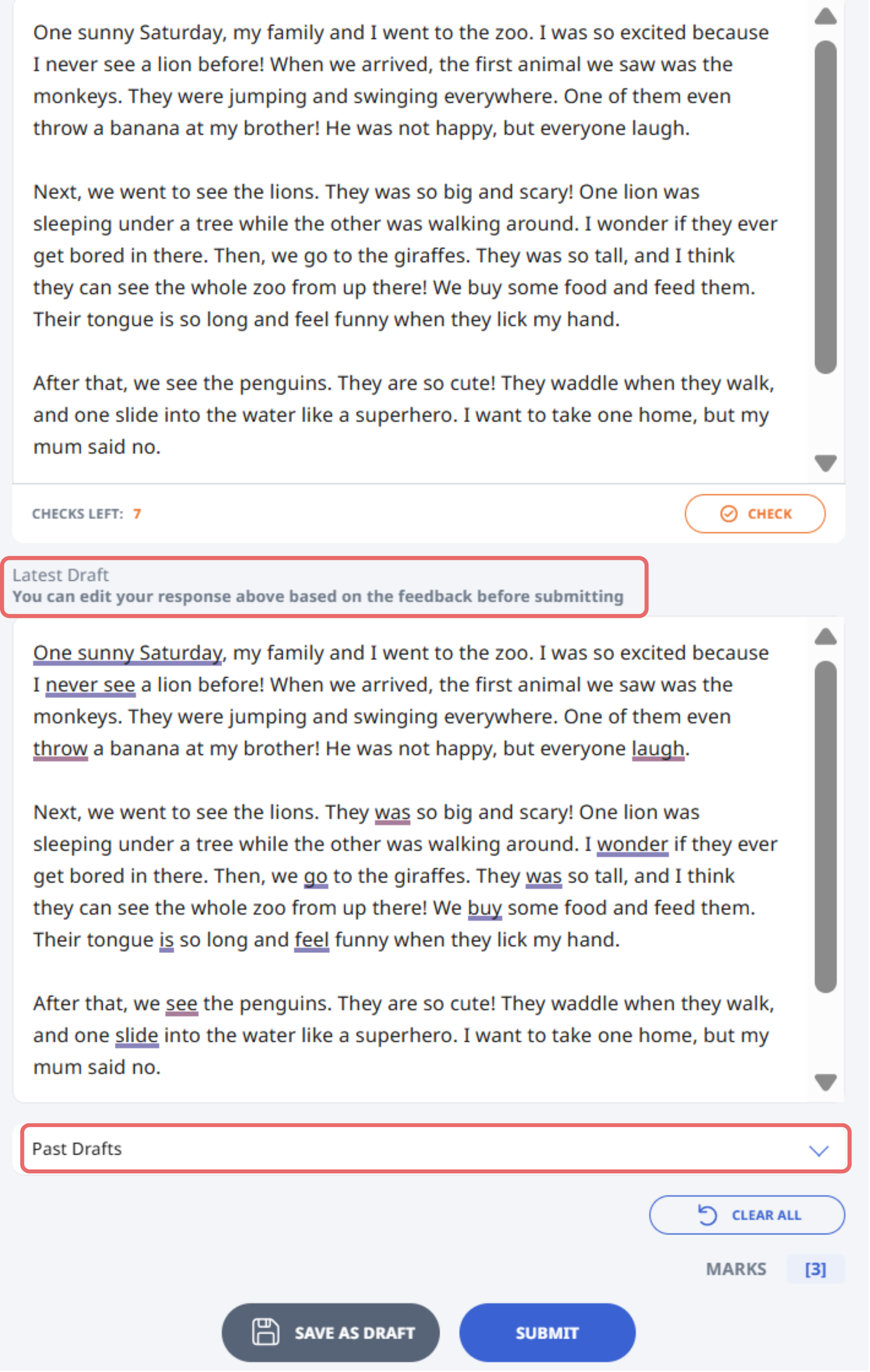 A writing tool showing a zoo story draft with underlined grammar errors, a Latest Draft section, and Submit button.