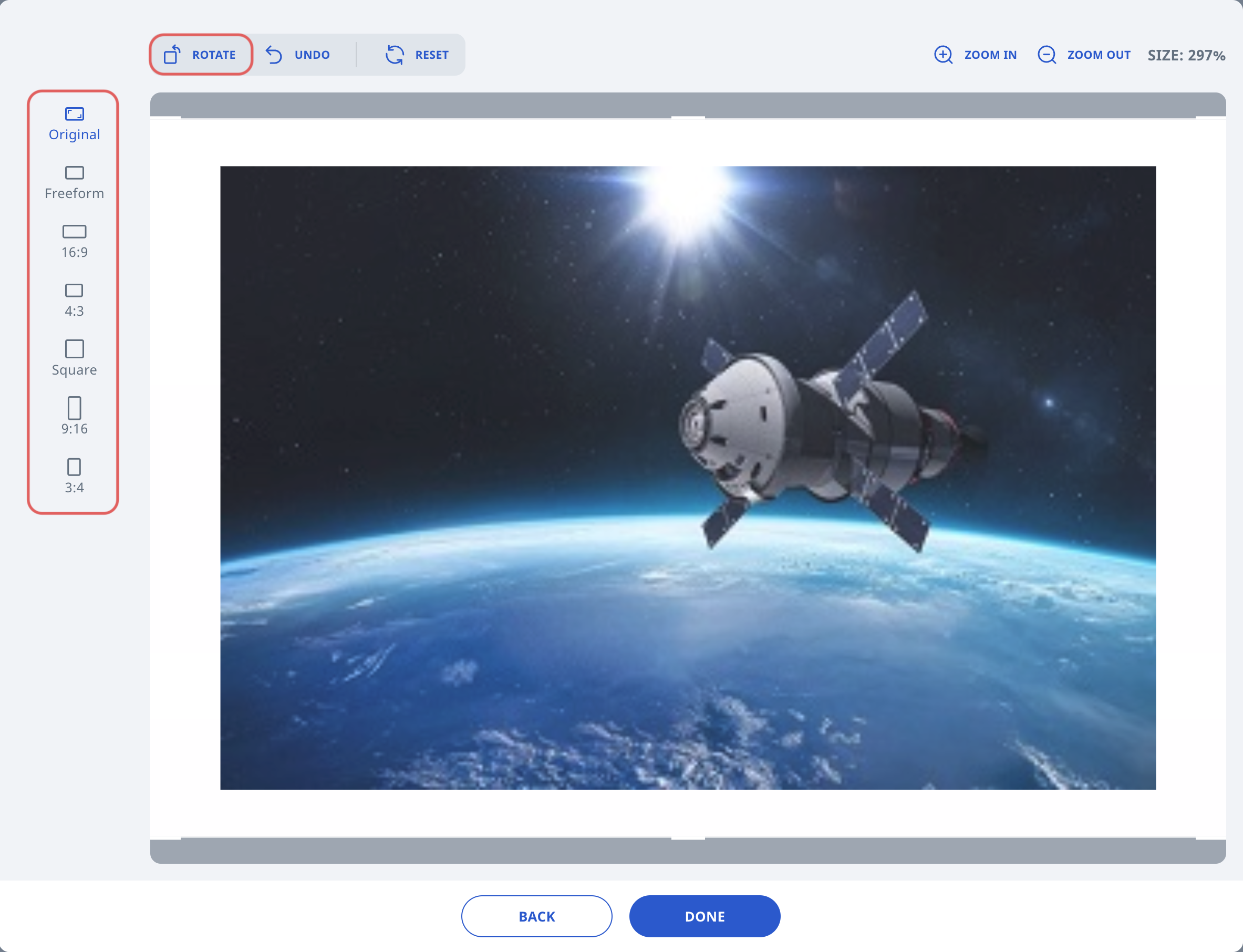 Photo editing interface showing a spacecraft orbiting Earth, with rotate, undo, reset, and zoom controls visible.