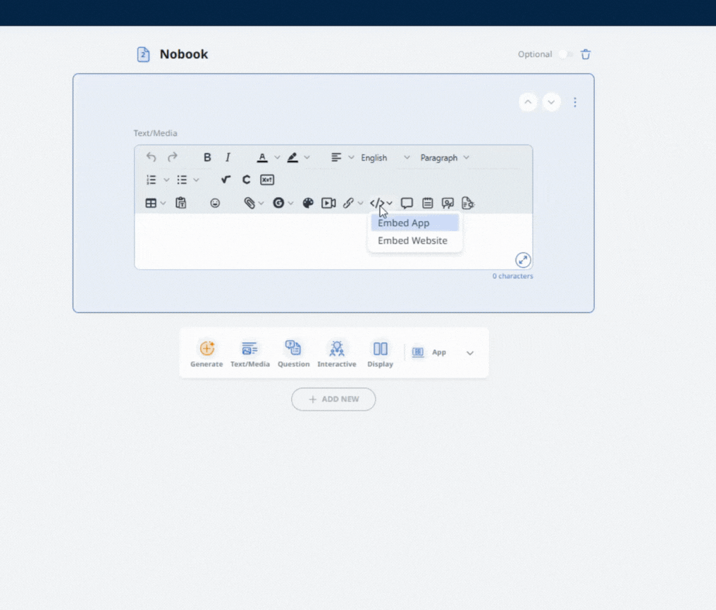 Nobook editor showing a dropdown menu with Embed App and Embed Website options in a text toolbar.
