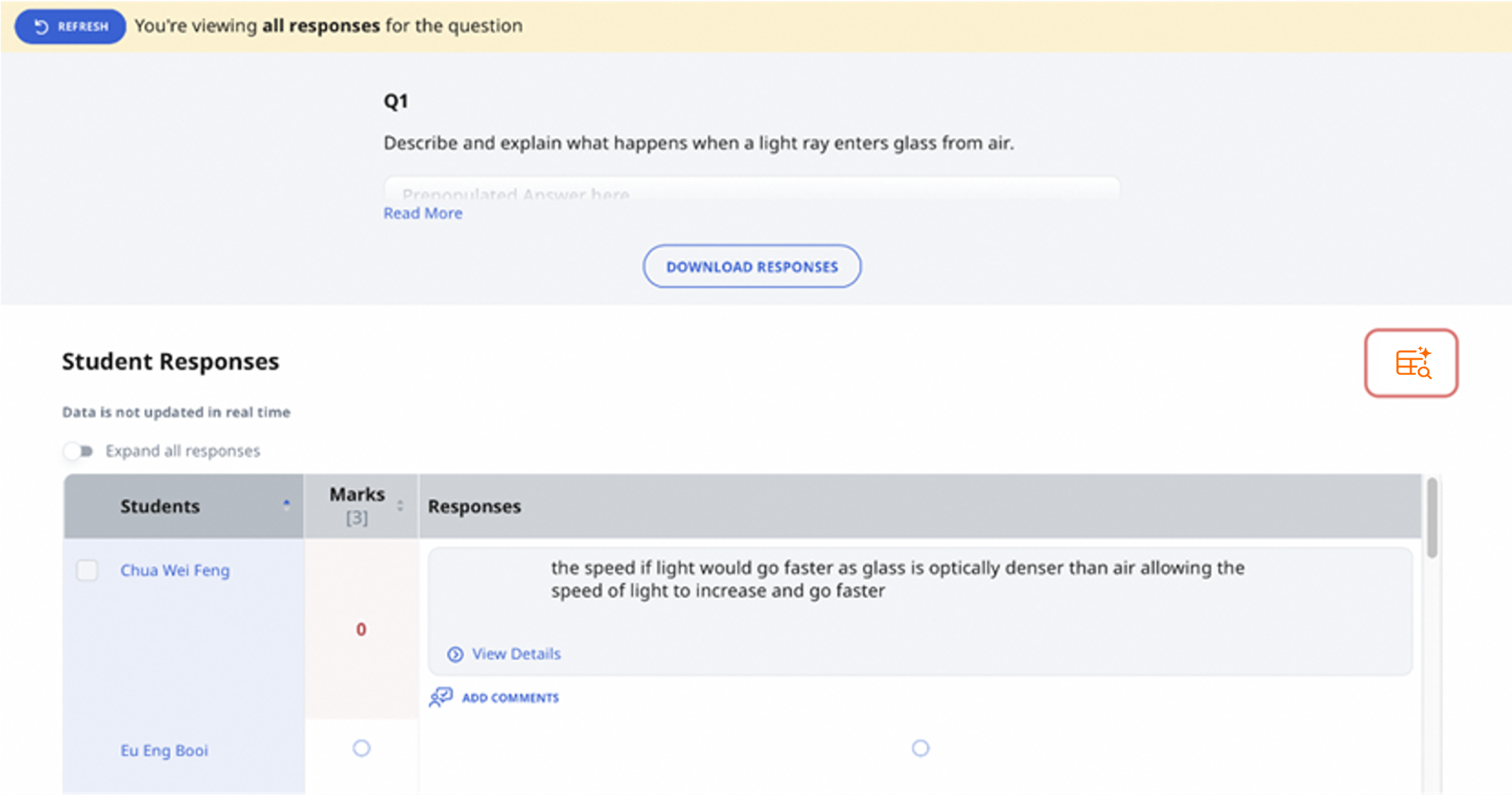 A quiz platform showing student responses to a question about light entering glass, with marks and response text visible.