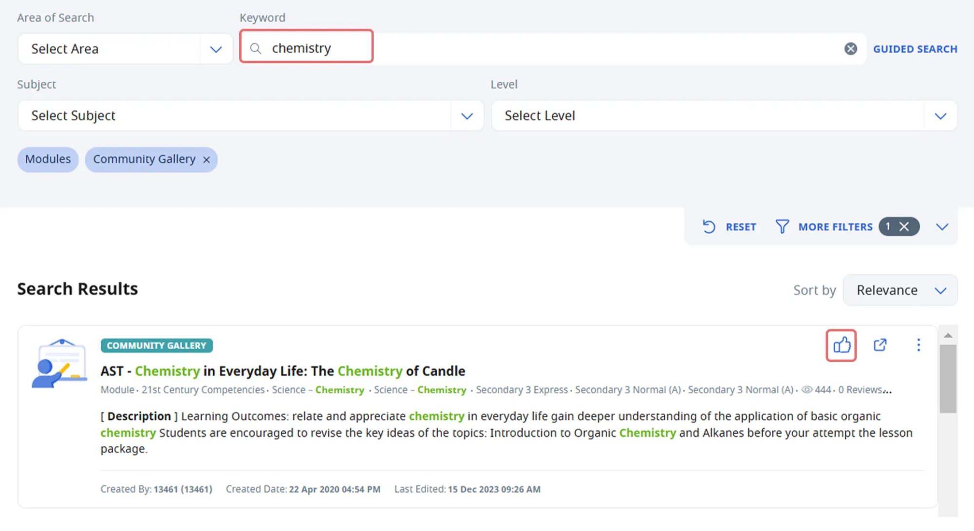 Search results page with keyword "chemistry" entered, showing one Community Gallery module about Chemistry of Candle.