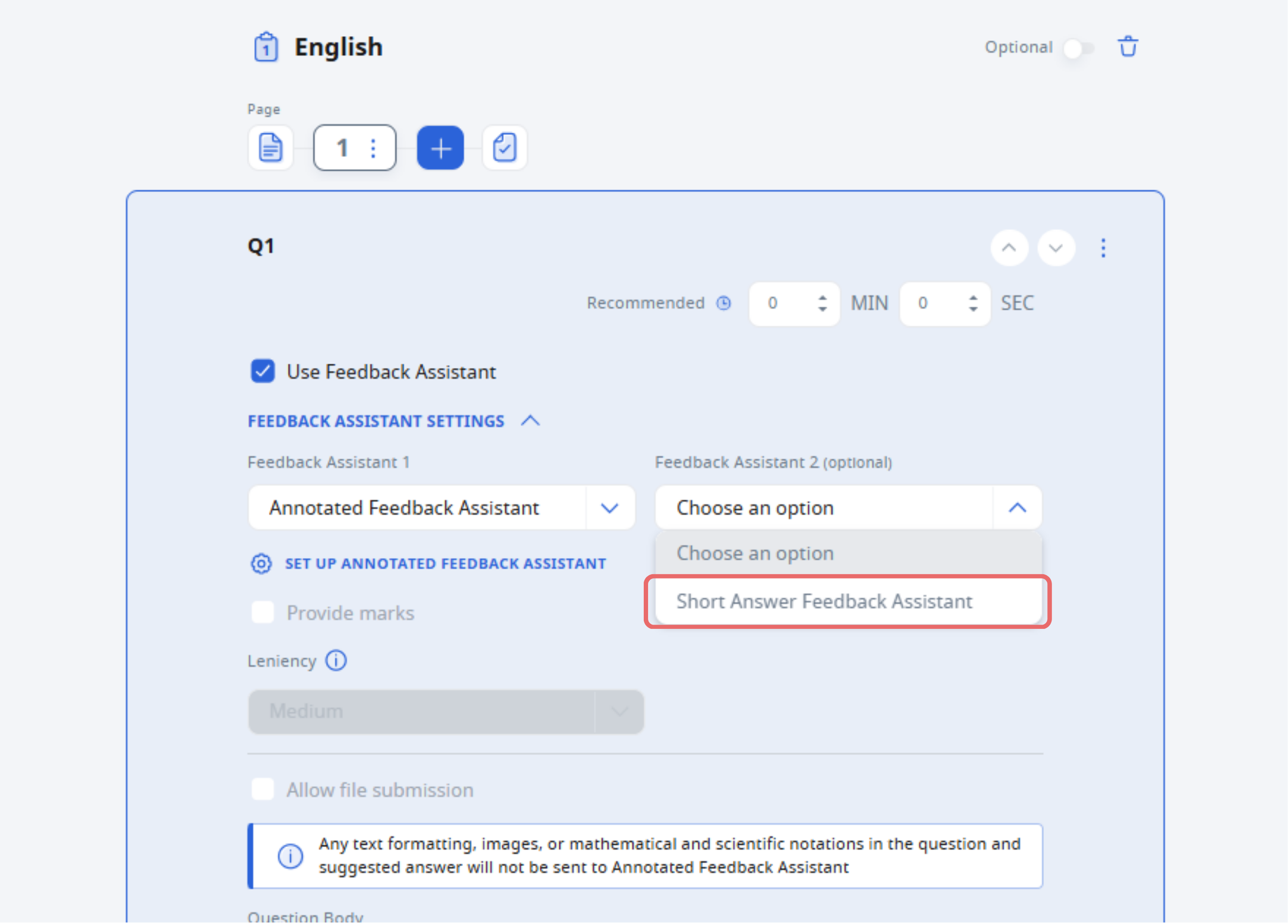 Question settings panel showing Feedback Assistant options with a dropdown highlighting Short Answer Feedback Assistant.