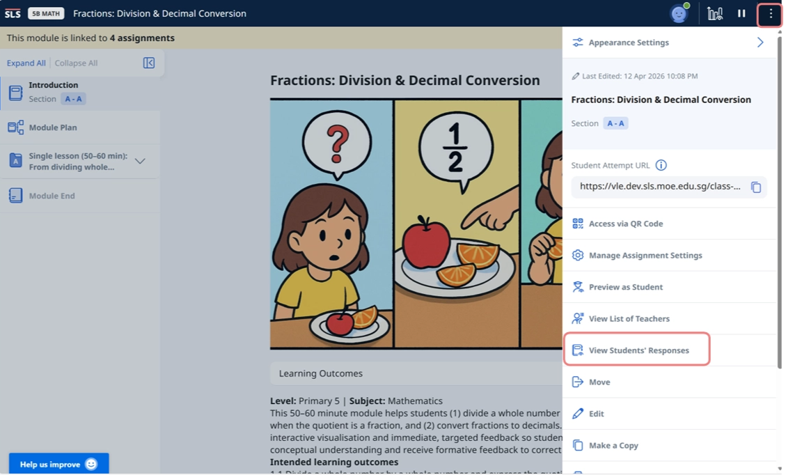SLS platform showing a math module on Fractions with a settings menu open, highlighting View Students Responses option.