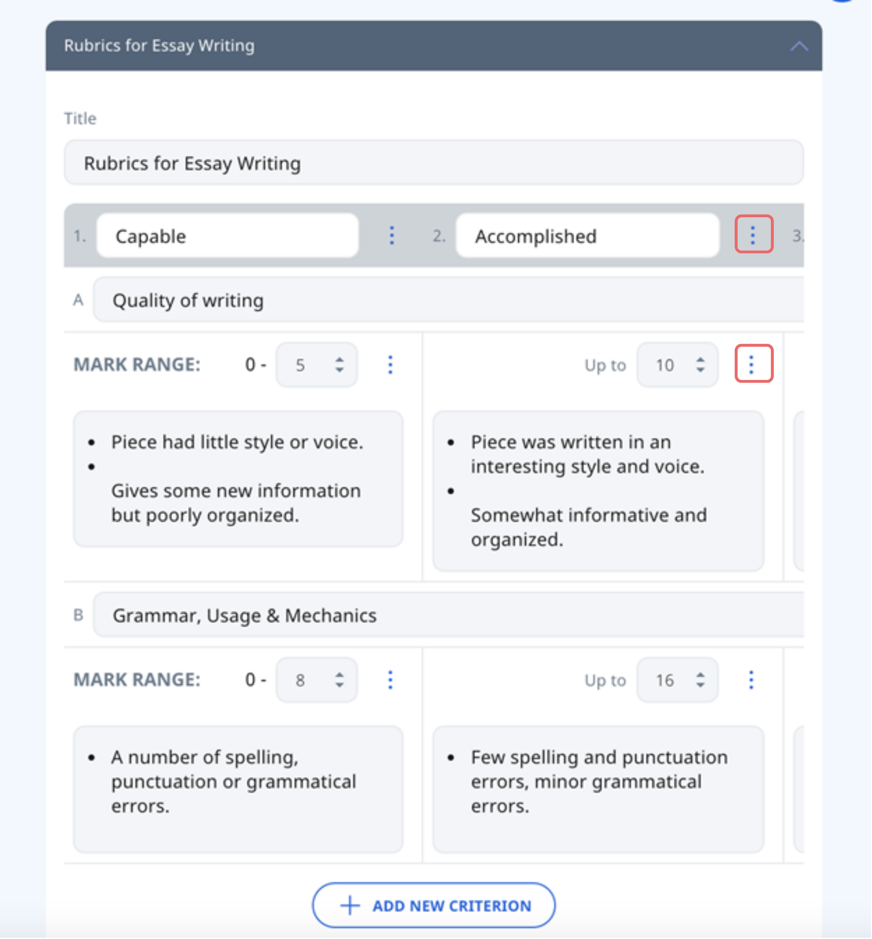 Essay writing rubric form with criteria for quality of writing and grammar, showing mark ranges and descriptions.