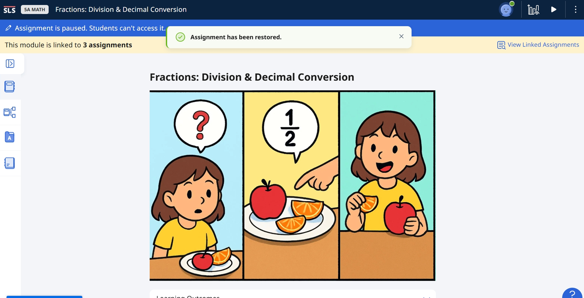 A math lesson on fractions showing a cartoon girl with a question mark, then the fraction 1/2, then a happy girl with fruit.