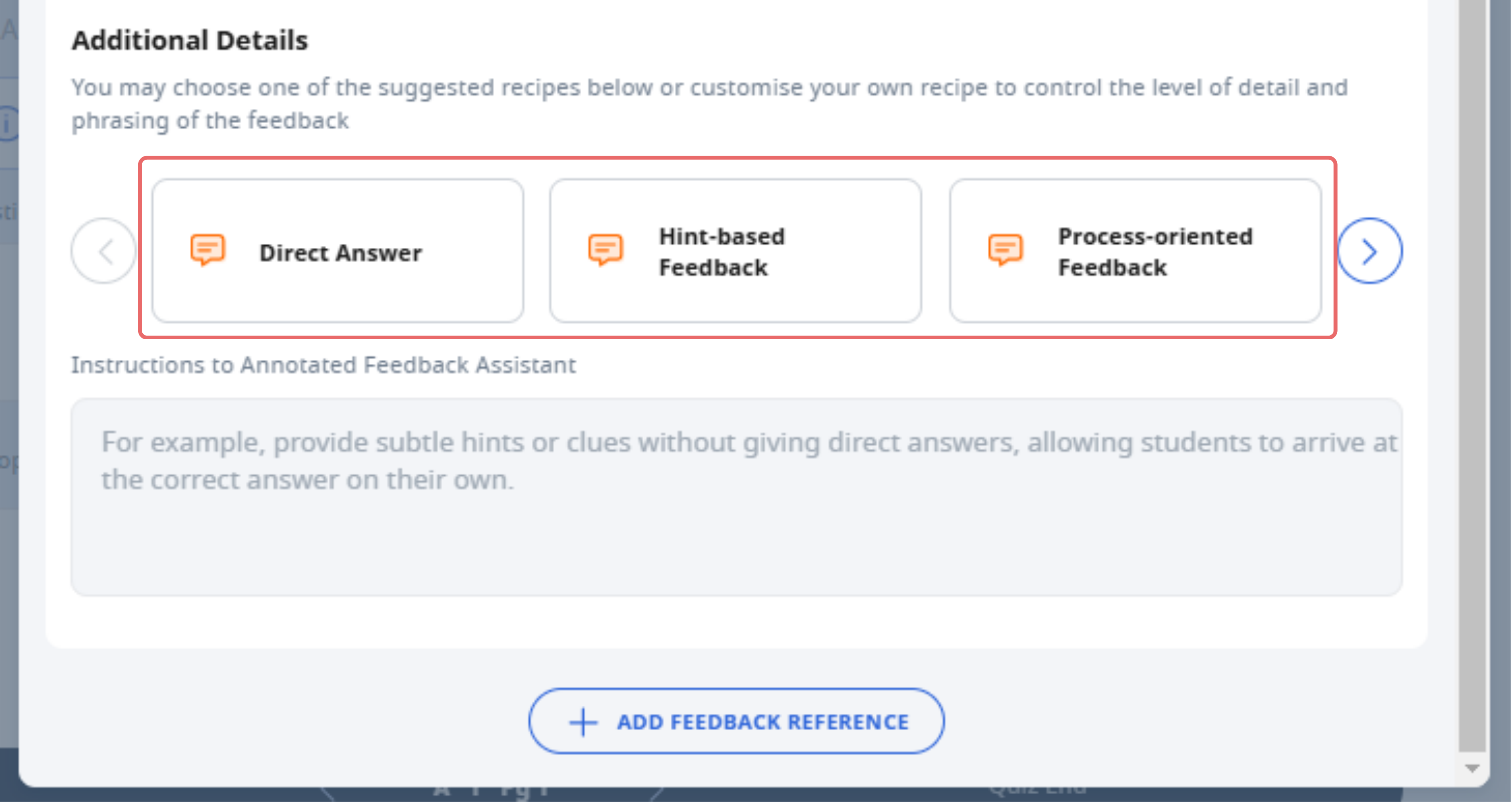 UI panel showing three feedback recipe options: Direct Answer, Hint-based Feedback, and Process-oriented Feedback.