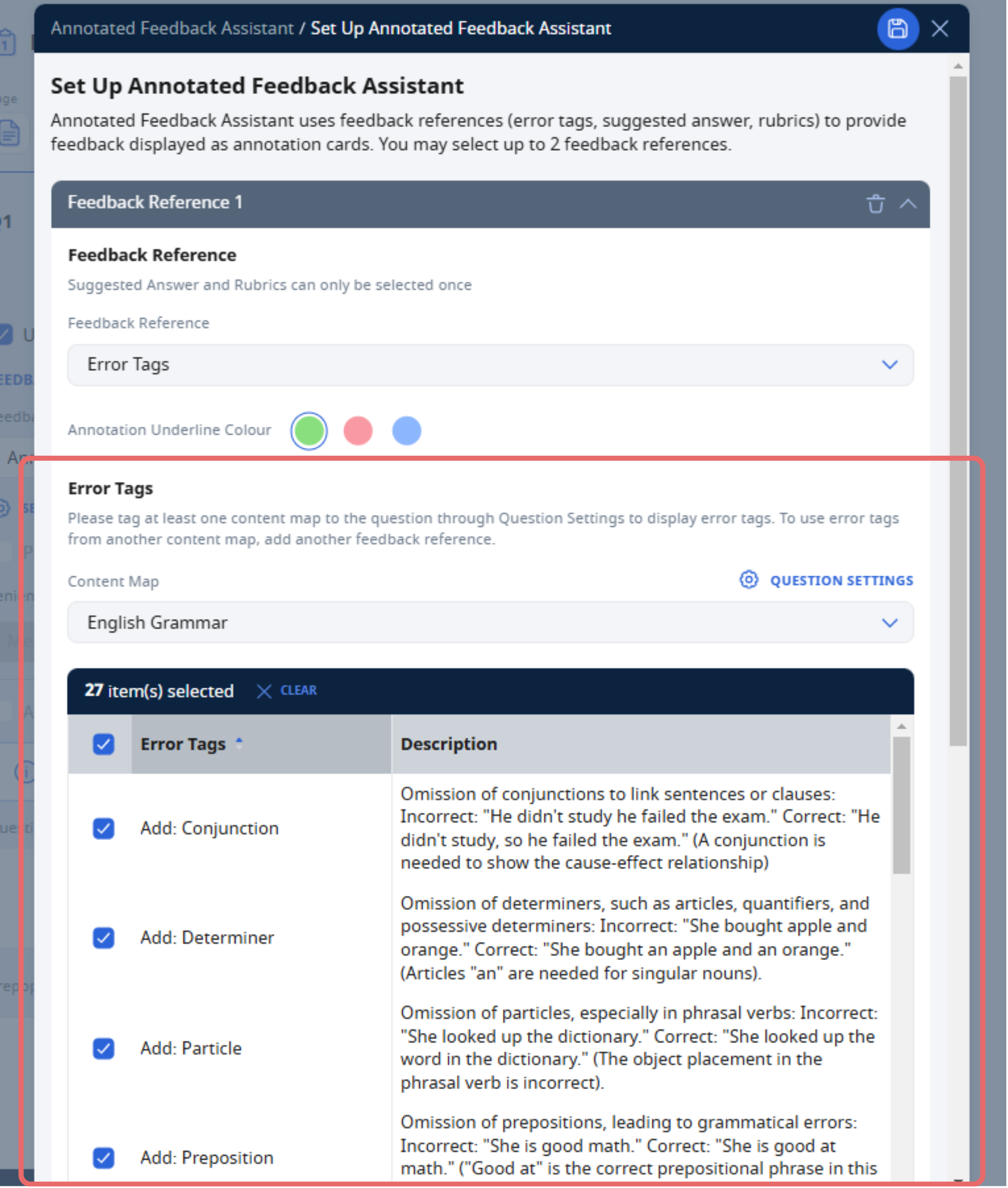 Setup dialog for Annotated Feedback Assistant showing error tags list with checkboxes for English Grammar content map.