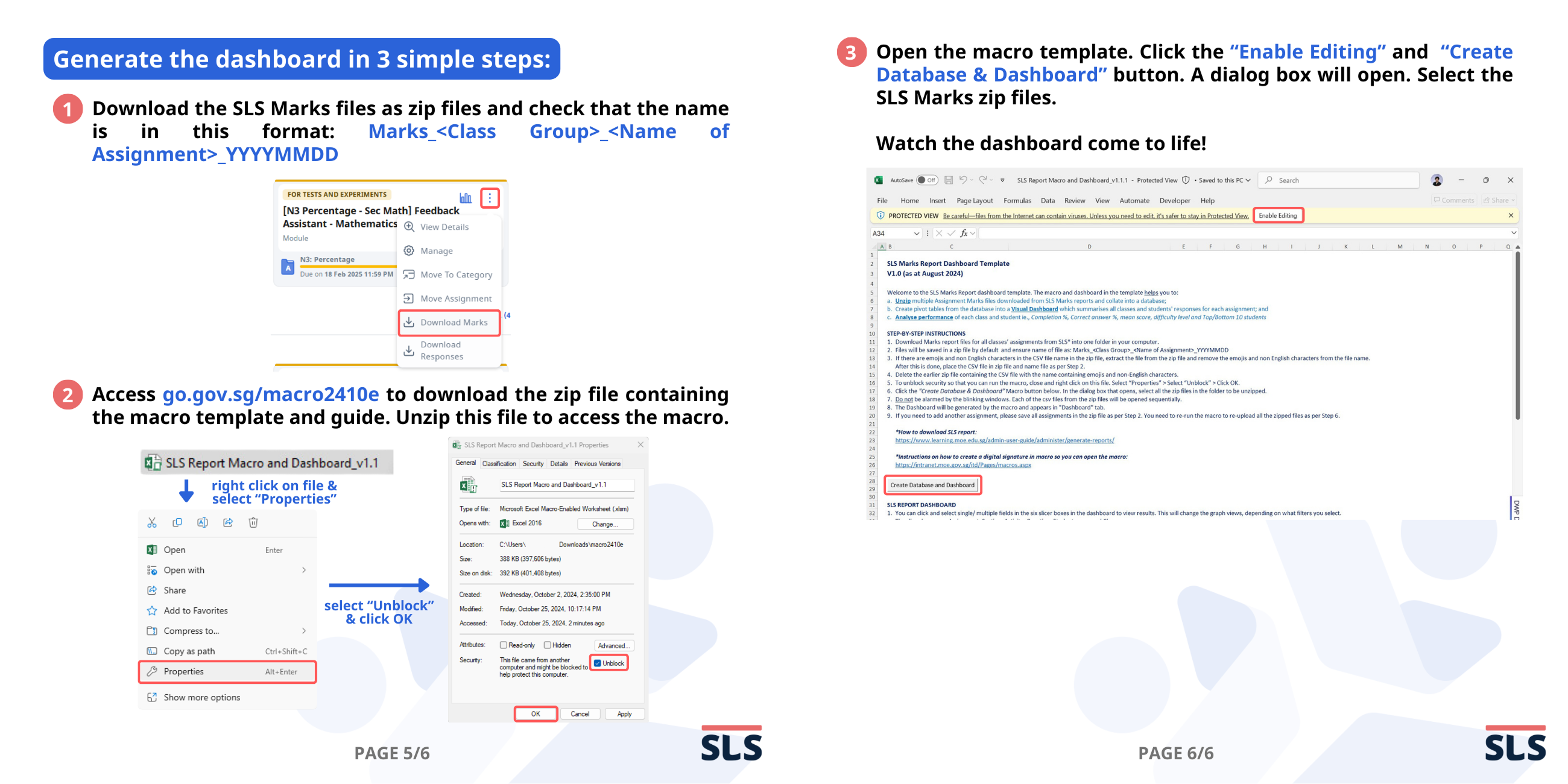 Step-by-step guide showing how to generate an SLS dashboard in 3 steps with screenshots of Excel and file menus.